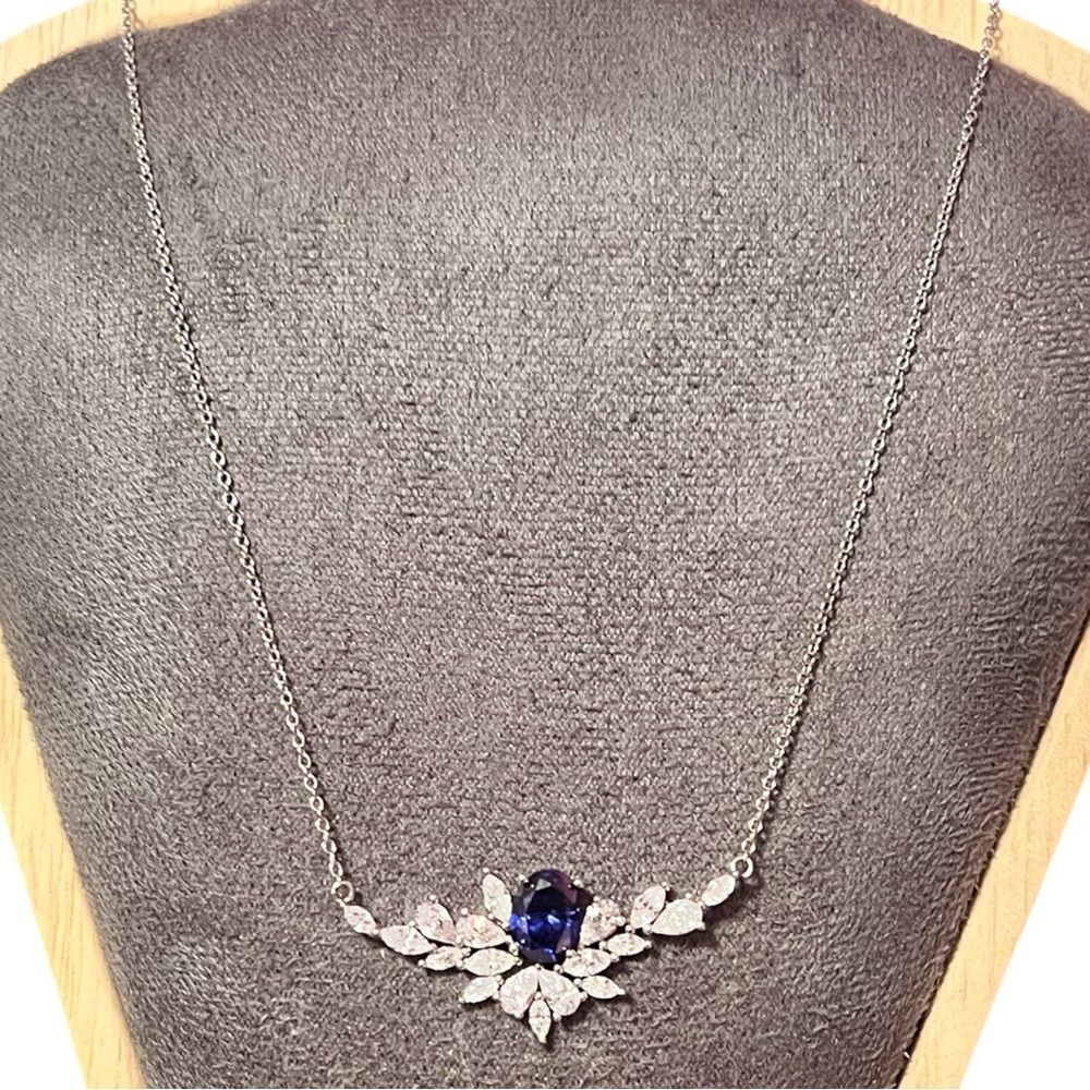 Elegant Sterling Silver Sapphire And Diamond Cubic Zirconia Pendant Necklace